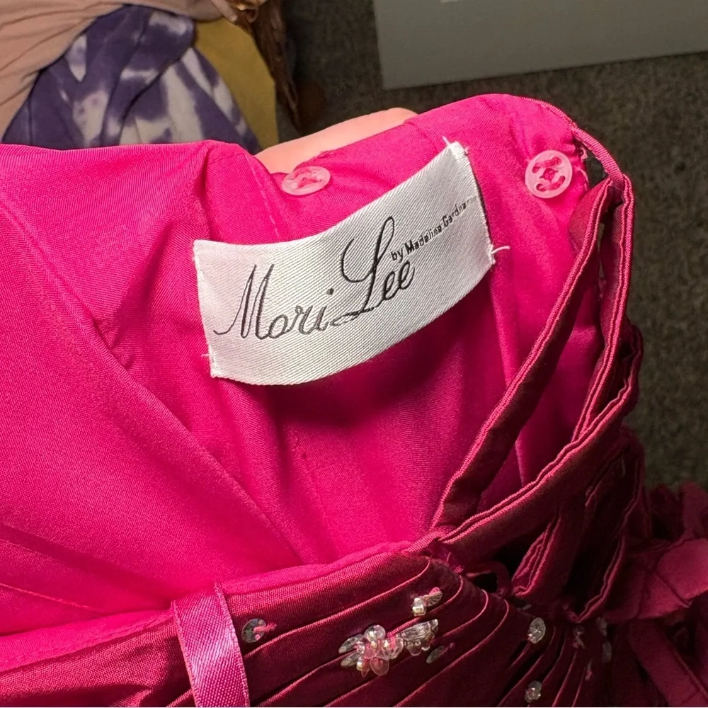Mori Lee Hot Pink Halter Cocktail Dress with Embellished Bodice - Picture 4 of 6